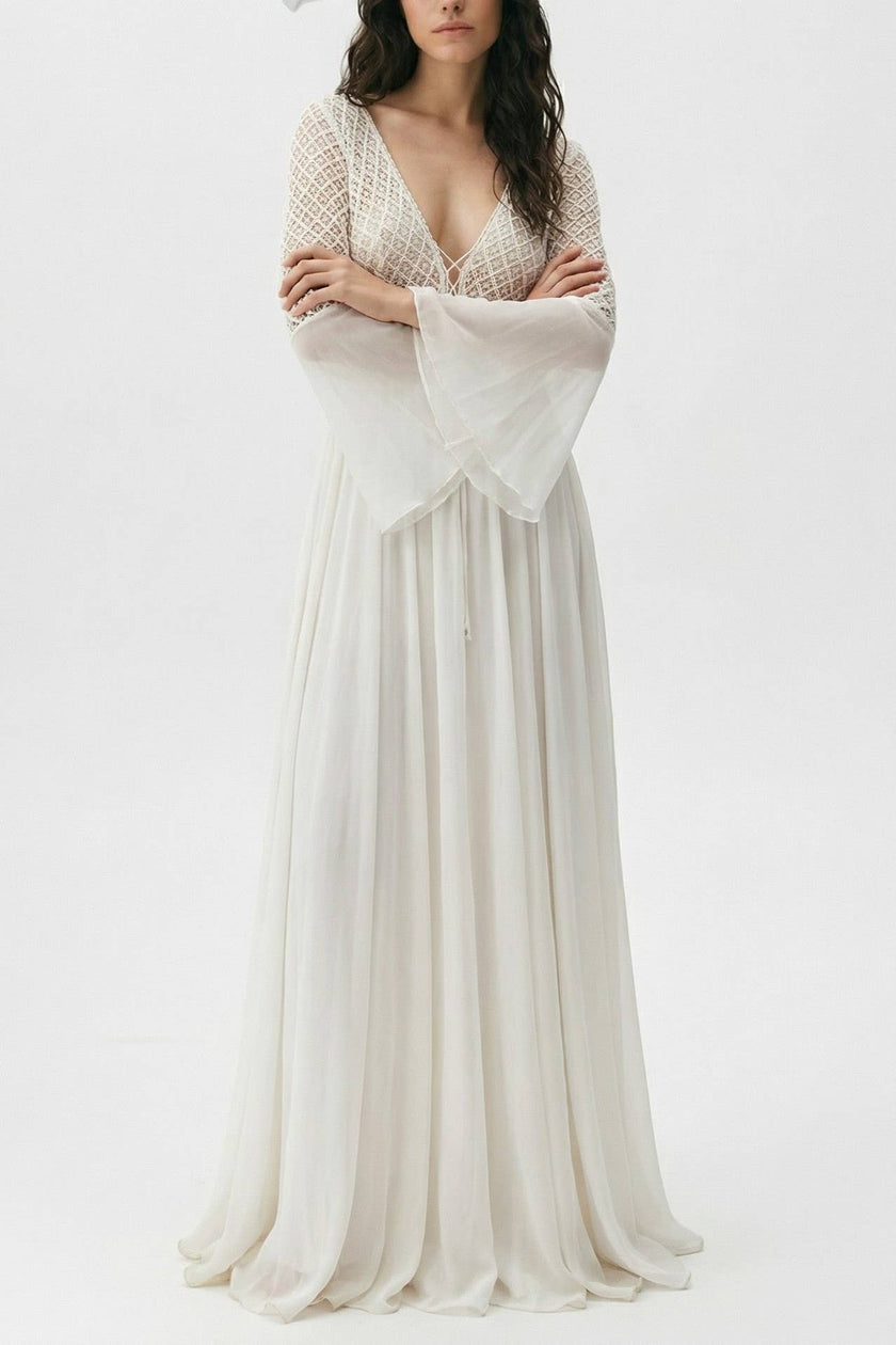 White Bell Sleeve V-Neck Beach Cover Up Maxi Dress
