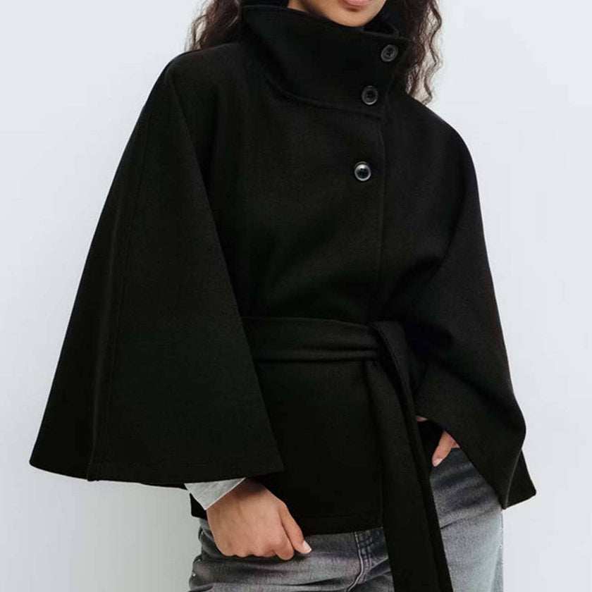 Structured Funnel Neck Belted Cape Jacket: Chocolate