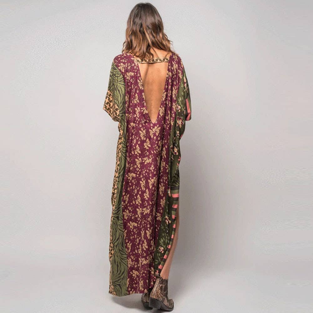 Patchwork Floral & Geometric Print Maxi Dress in Green