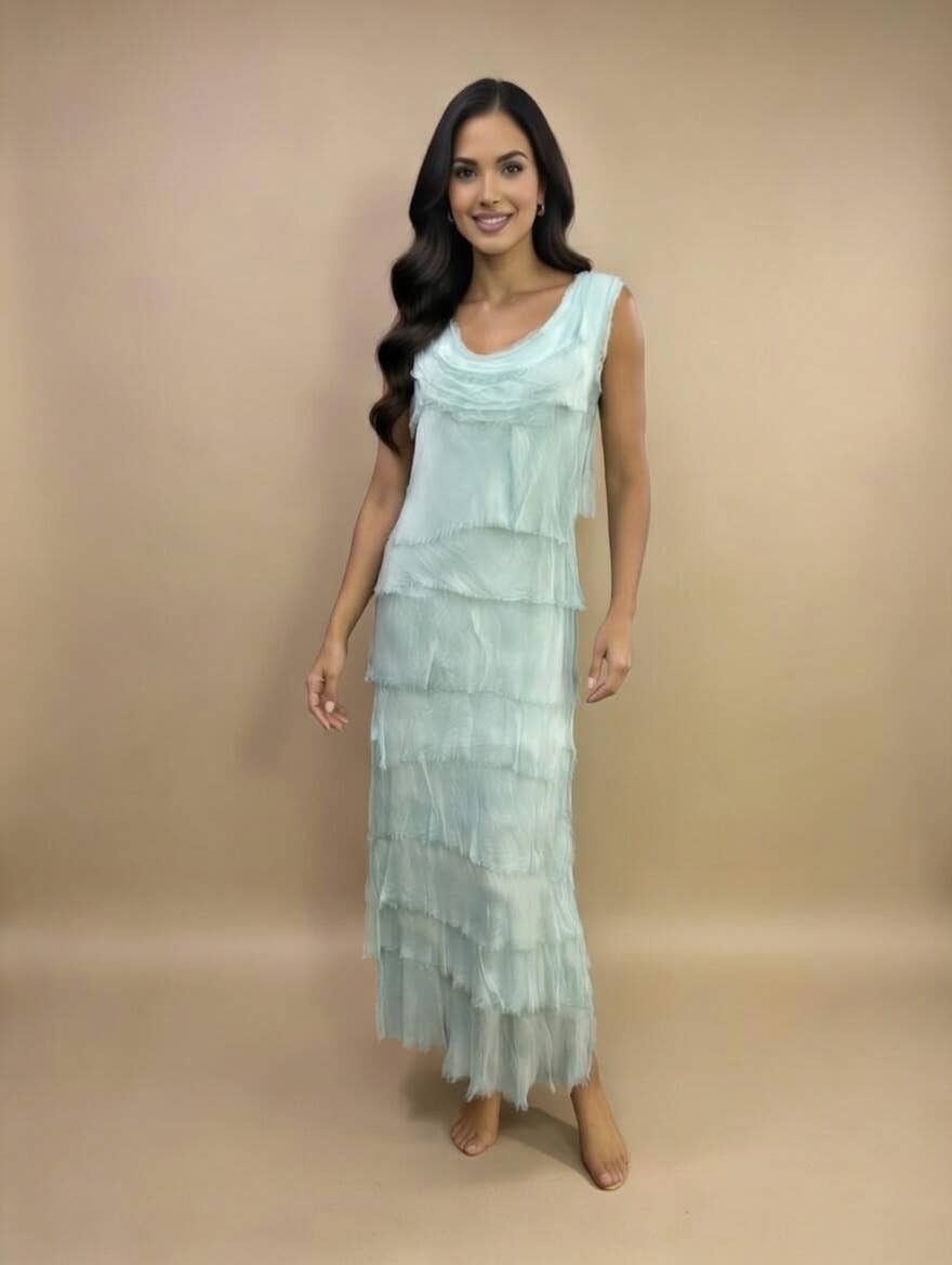 Stretchy Shredded Maxi Dress: Mint