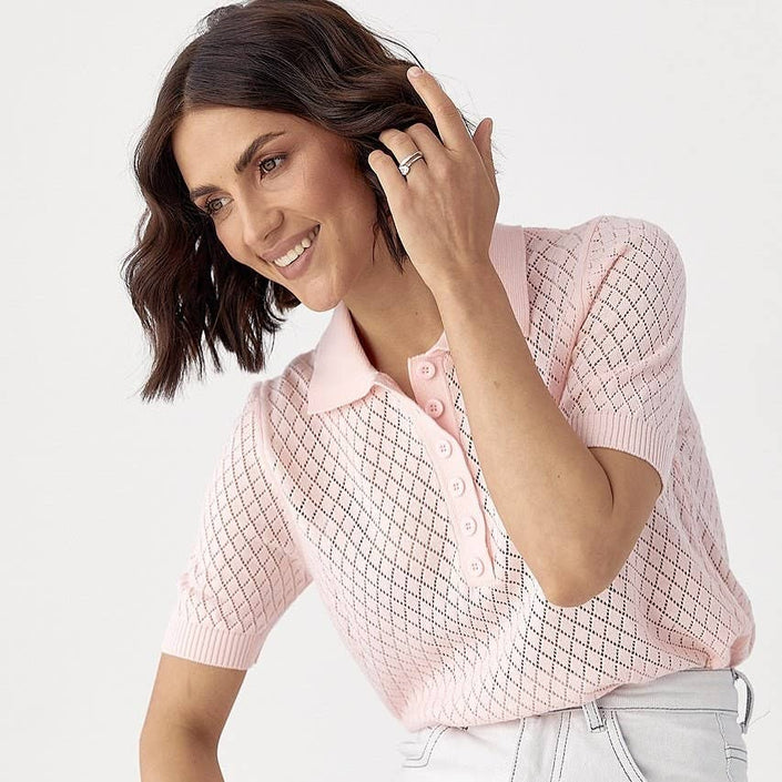 Diamond-Mesh Knit Summer Polo Shirt: Baby Pink