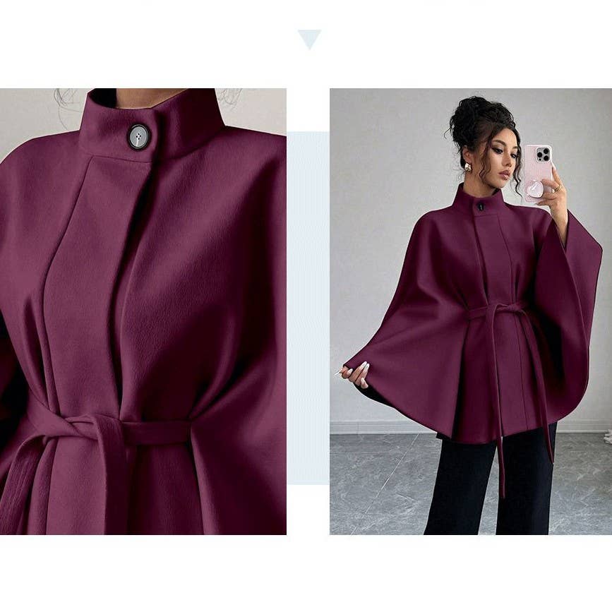 Batwing Cape Jacket with High Neck and Tie-Waist: Chocolate