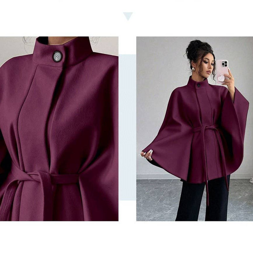 Batwing Cape Jacket with High Neck and Tie-Waist: Chocolate