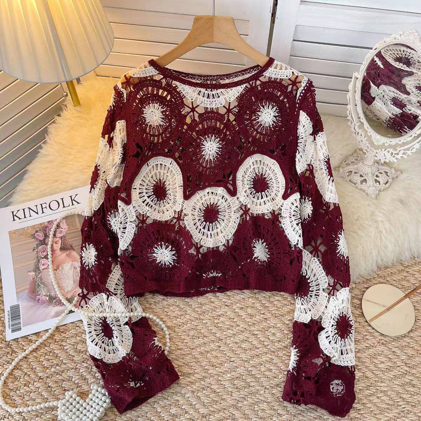 Floral Medallion Crochet Knit Sweater: Burgundy