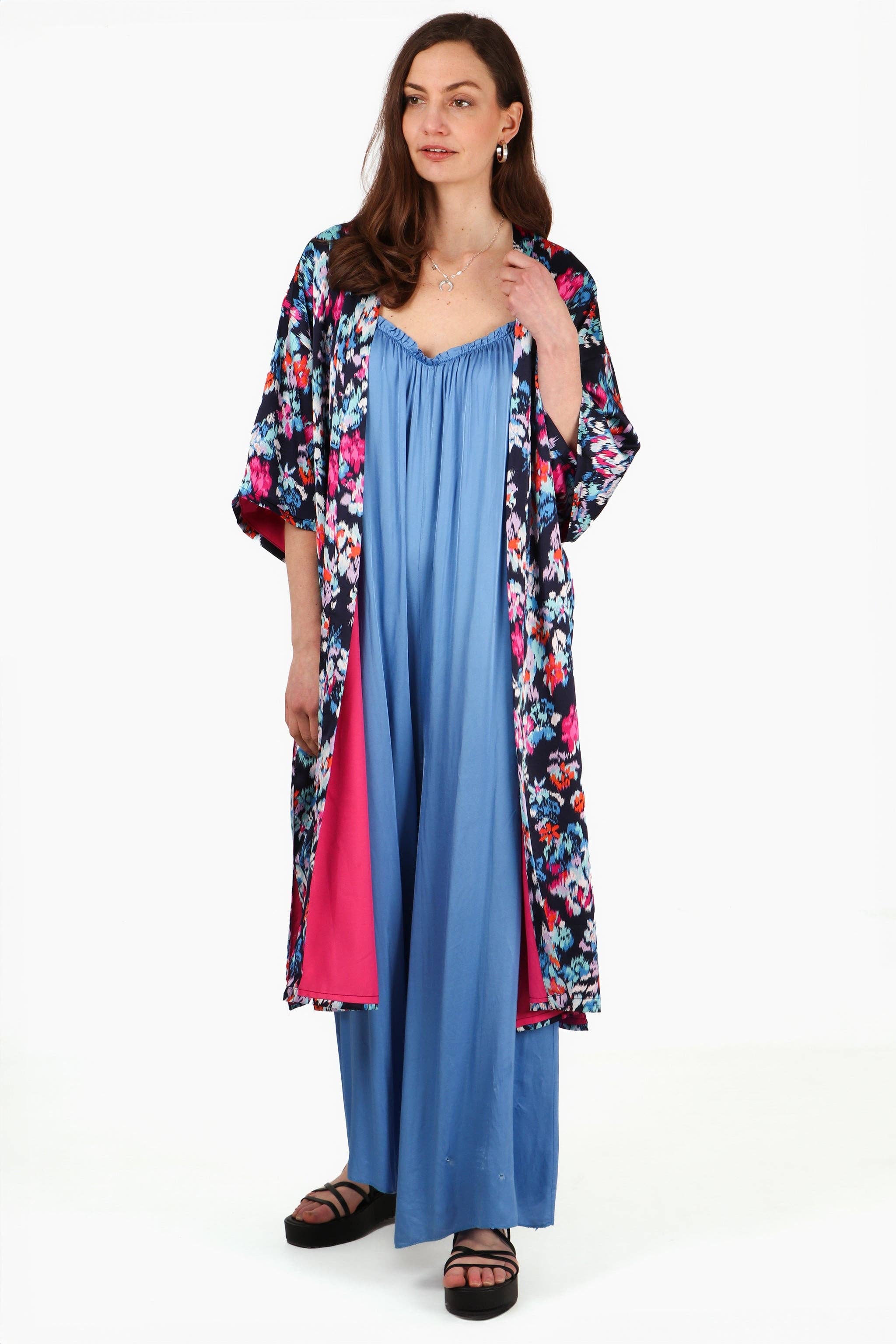 Lined Silky Mid Length Kimono Jacket -Navy Blue, Floral: One-size (UK 8-18)
