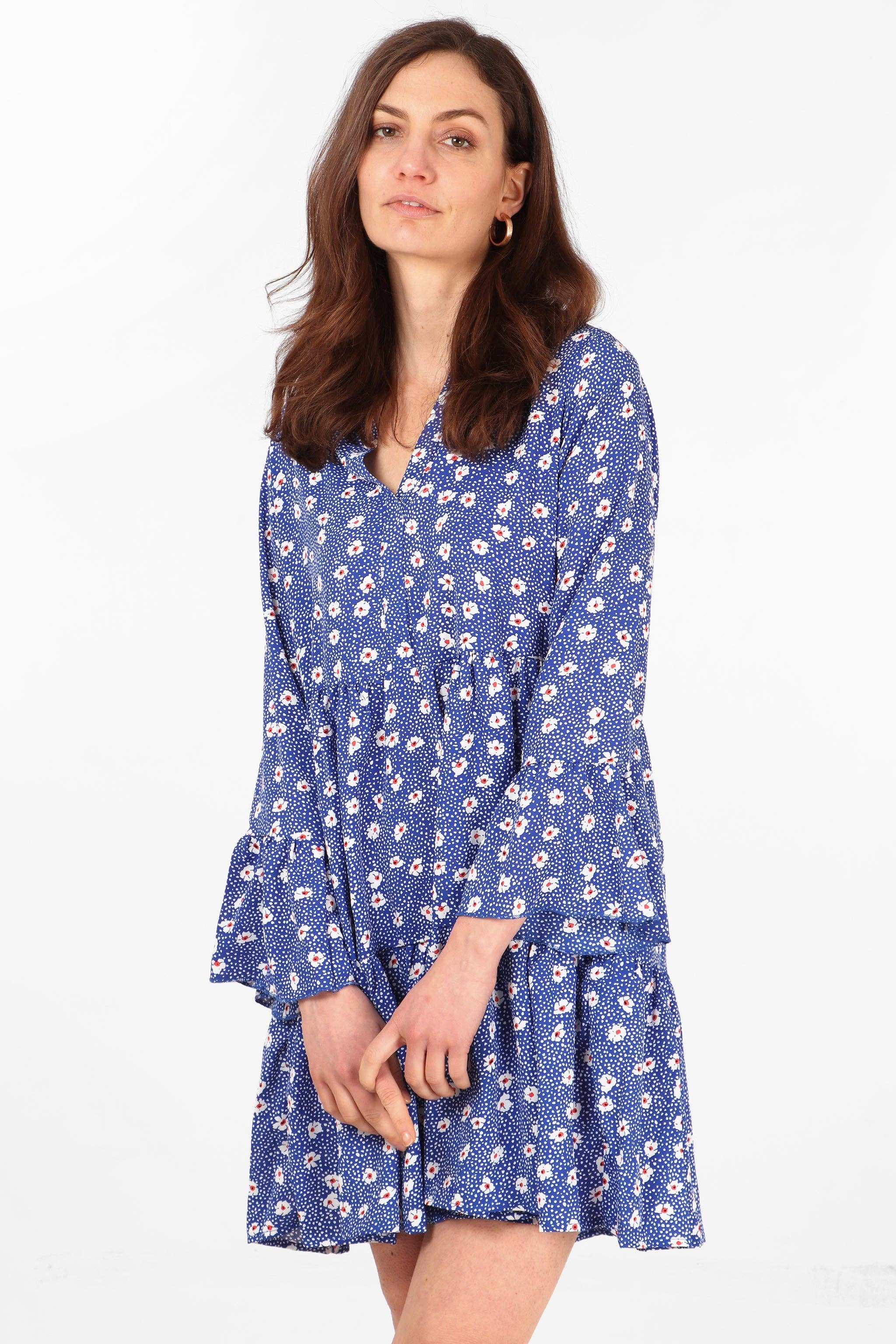 Alison Tiered Mini Dress - Blue, Spotted Daisy: Medium (12-14)