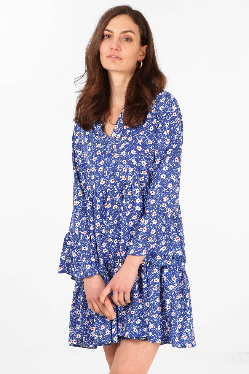 Alison Tiered Mini Dress - Blue, Spotted Daisy: Small (8-10)