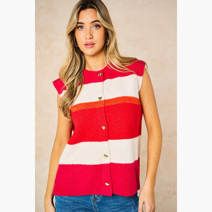 Heart Buttons Striped Sleeveless Vest in Red: One-size (UK 8-18)