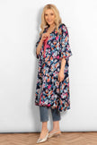 Lined Silky Mid Length Kimono Jacket -Navy Blue, Floral: One-size (UK 8-18)