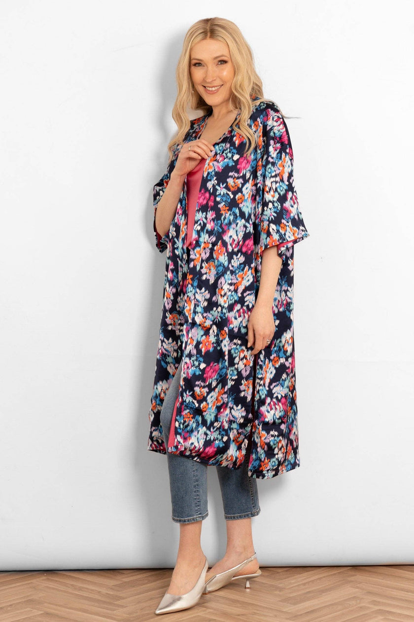 Lined Silky Mid Length Kimono Jacket -Navy Blue, Floral: One-size (UK 8-18)