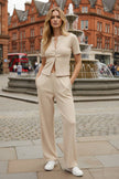 Mae Short Sleeve Rib Button Trouser Suit: Beige / 1 / S/M