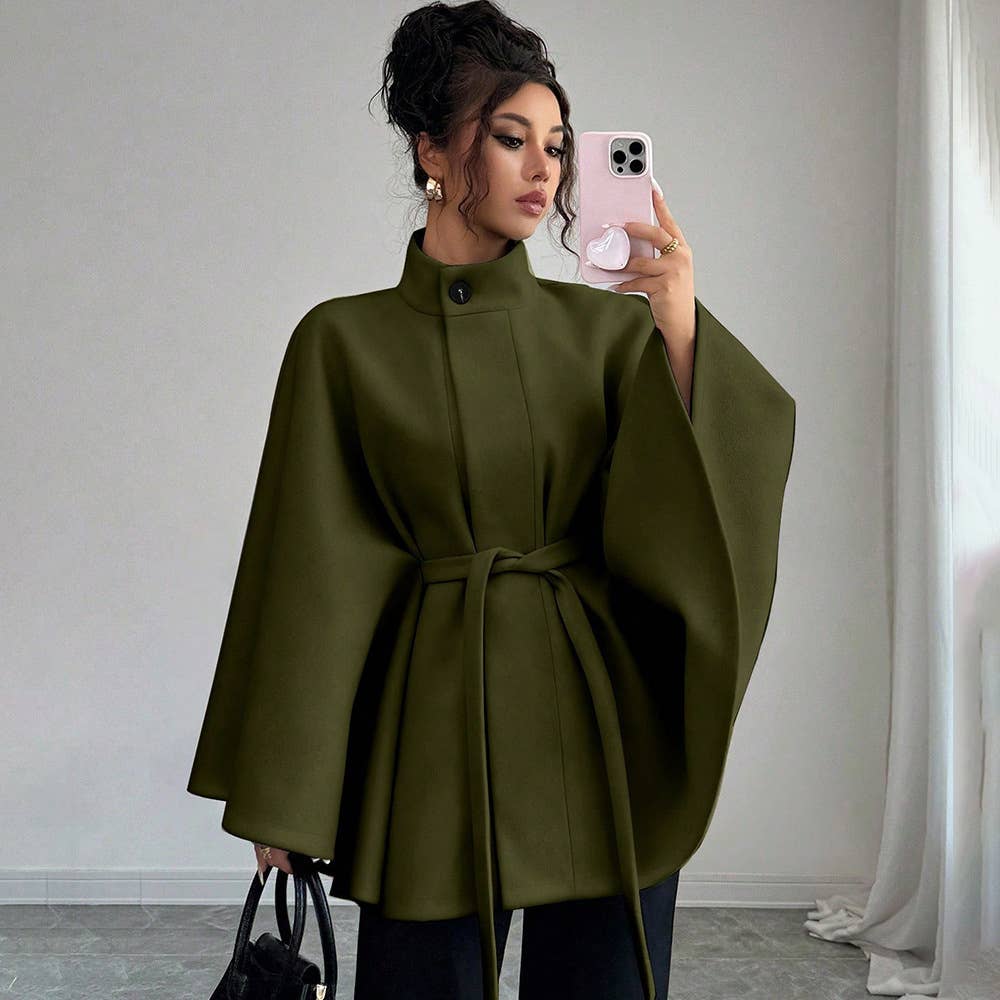 Batwing Cape Jacket with High Neck and Tie-Waist: Burgundy