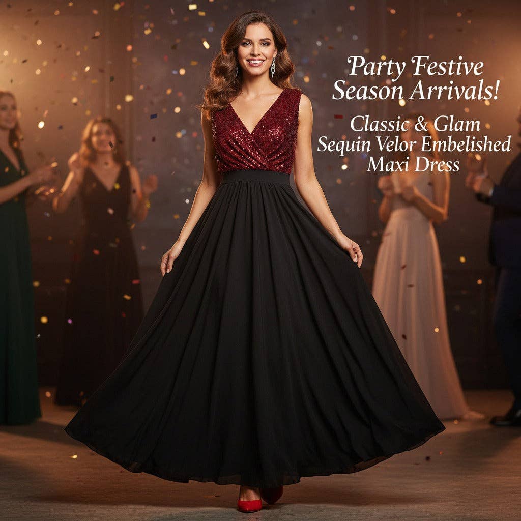 Sequin Velour Crossover Neck Maxi Dress: Brown