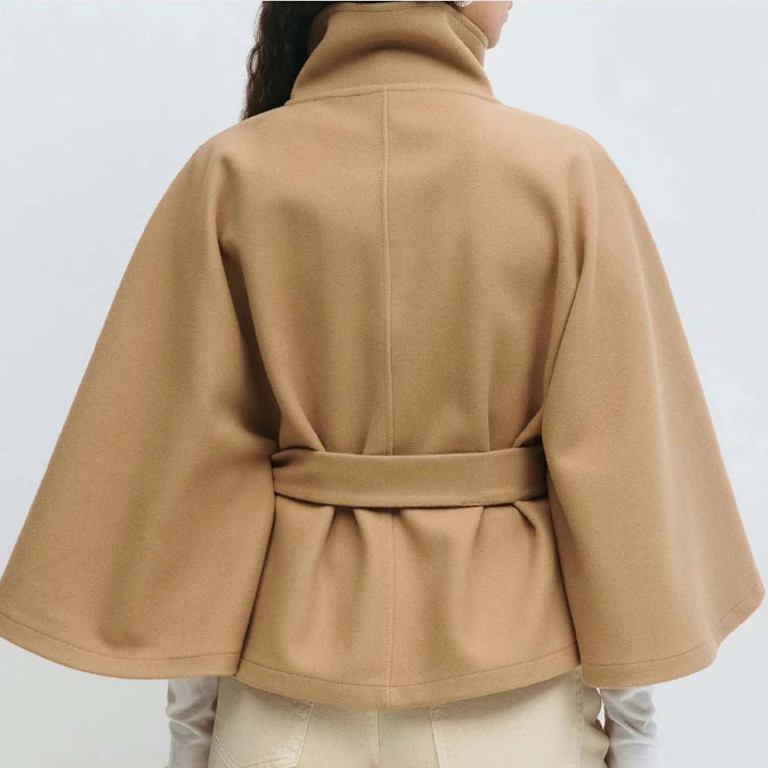 Structured Funnel Neck Belted Cape Jacket: Chocolate