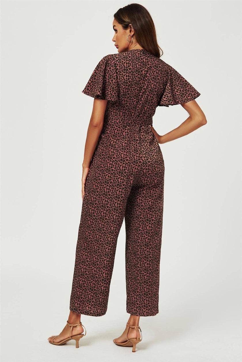 Leopard Print Wrap Top Jumpsuit In Rusty: Rusty / S