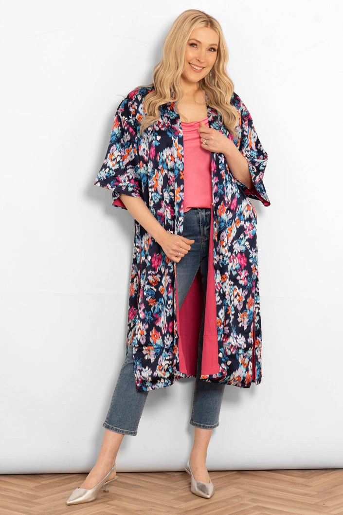 Lined Silky Mid Length Kimono Jacket -Navy Blue, Floral: One-size (UK 8-18)