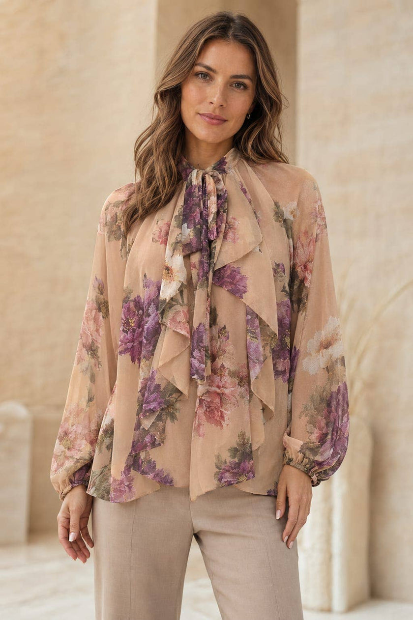 Royal Frill Silky Blouse: Beige