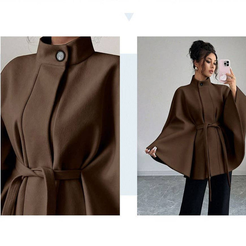 Batwing Cape Jacket with High Neck and Tie-Waist: Burgundy
