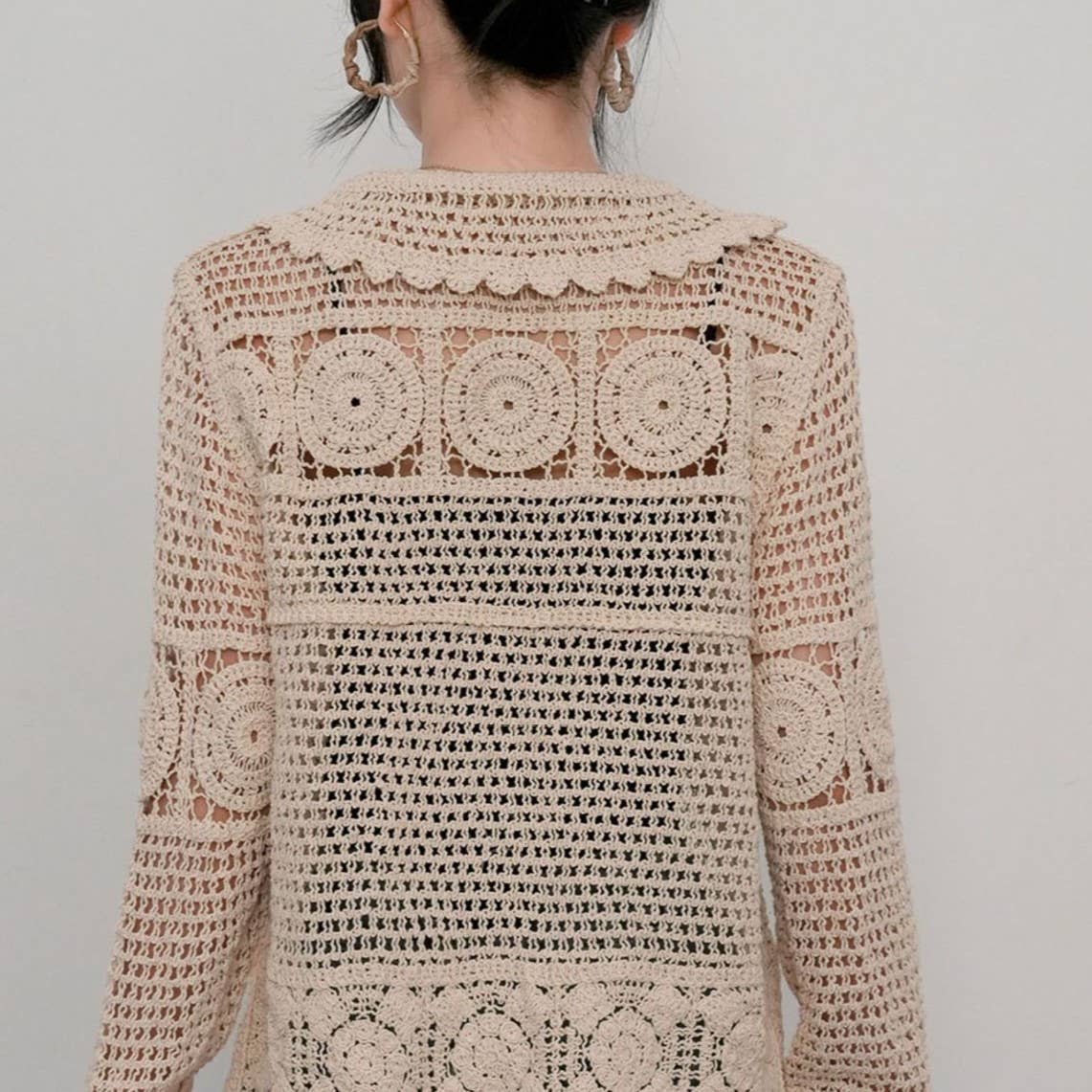 Elegant Beige Guipure Lace Button-Up Cardigan