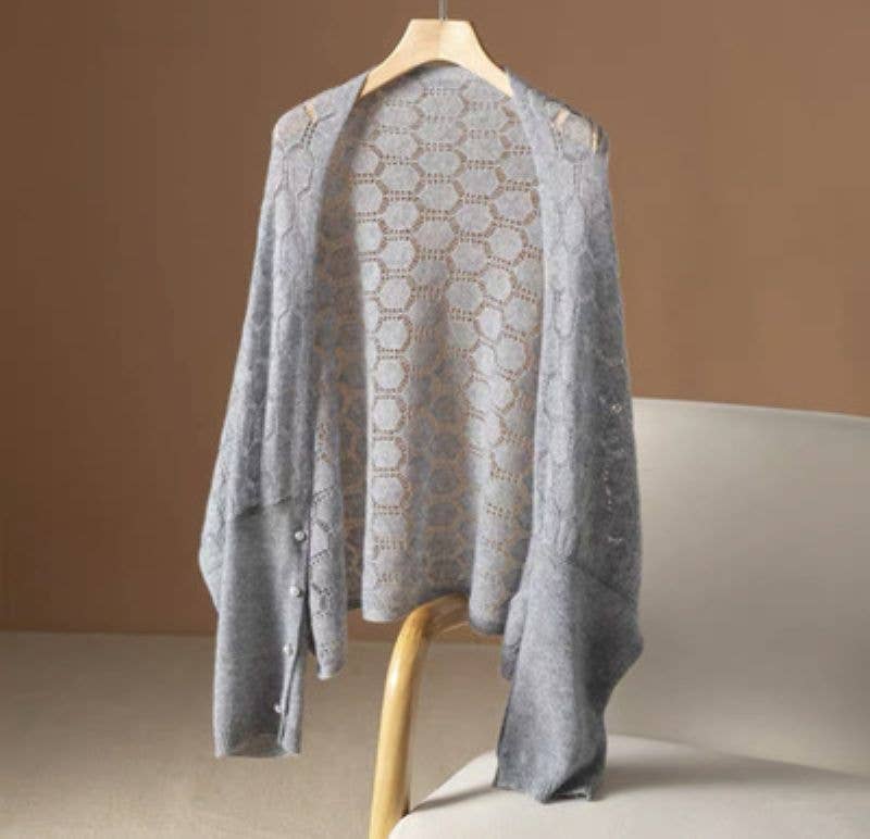 Delicate Open Knit Cape with Button Detail B032: Gray