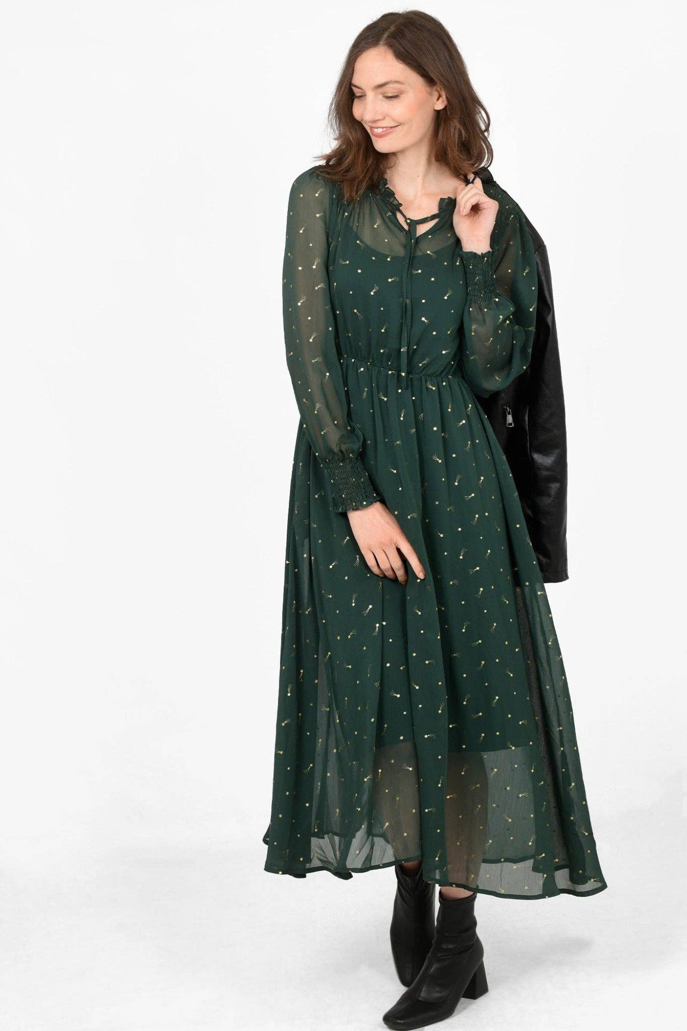 Shirred Shoulder Chiffon Midi Dress - Green, Shooting Stars: Medium (12-14)