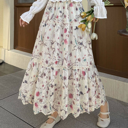 Floral Vine Embroidery Maxi Skirt: Pink