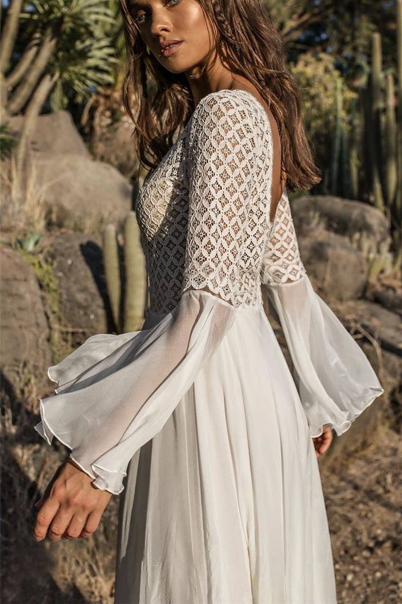 White Bell Sleeve V-Neck Beach Cover Up Maxi Dress