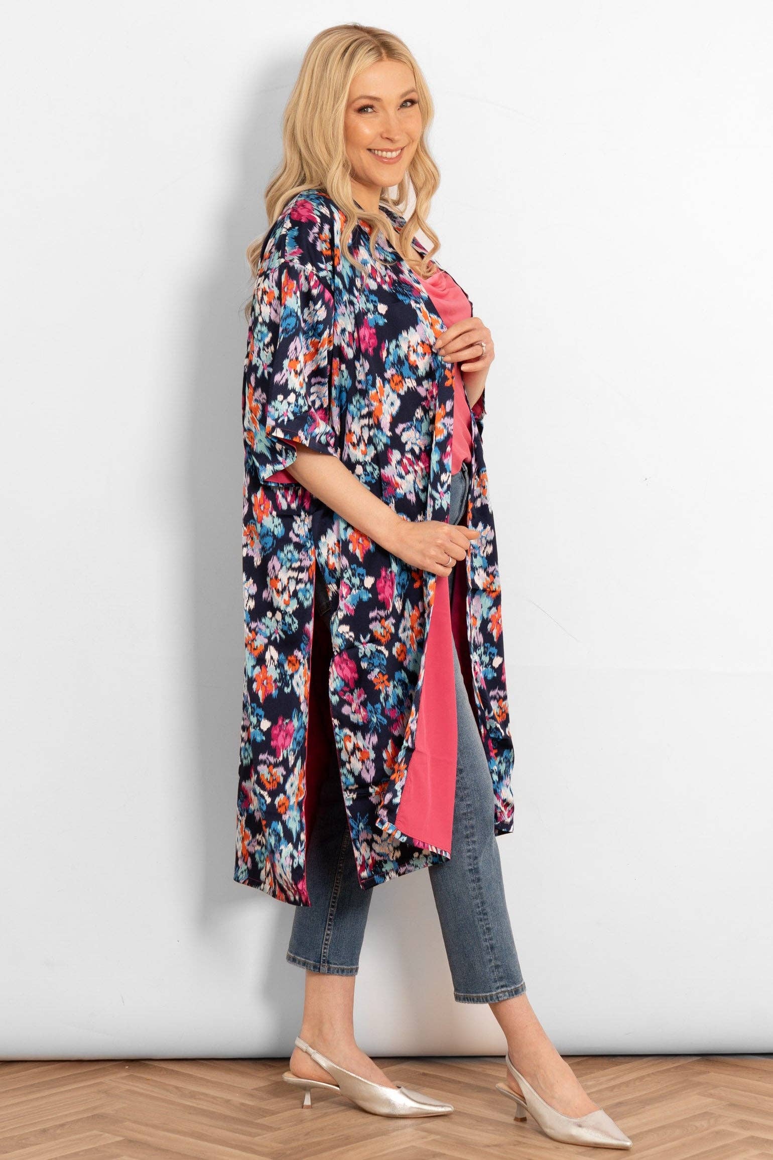 Lined Silky Mid Length Kimono Jacket -Navy Blue, Floral: One-size (UK 8-18)