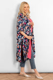 Lined Silky Mid Length Kimono Jacket -Navy Blue, Floral: One-size (UK 8-18)