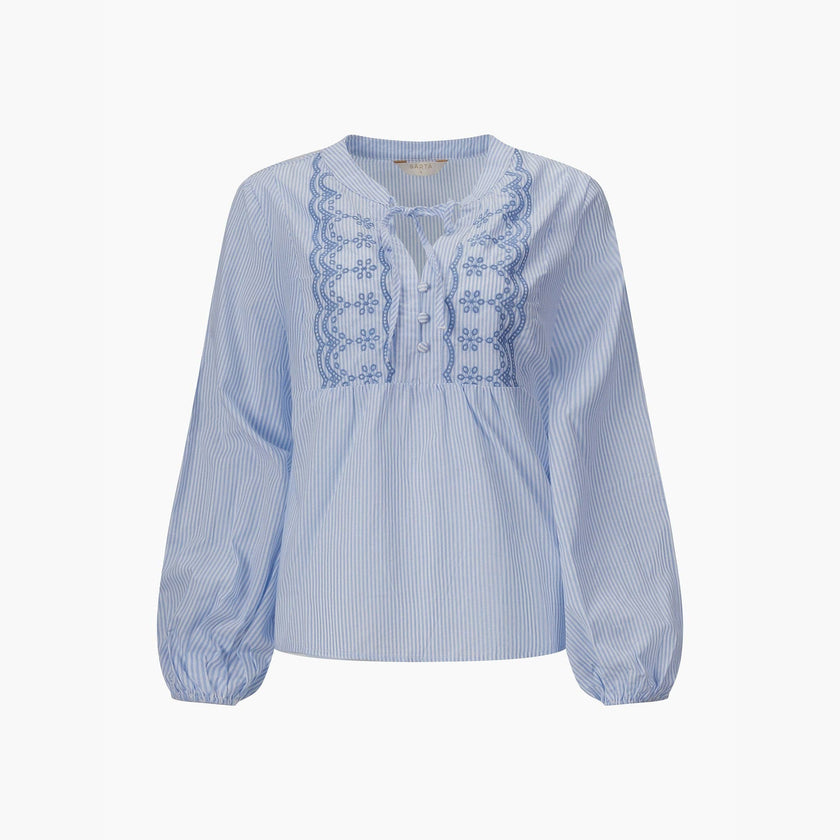 Embroidered Pinstripe Long Sleeve Cotton Shirt in Blue: Medium (UK 12-14)