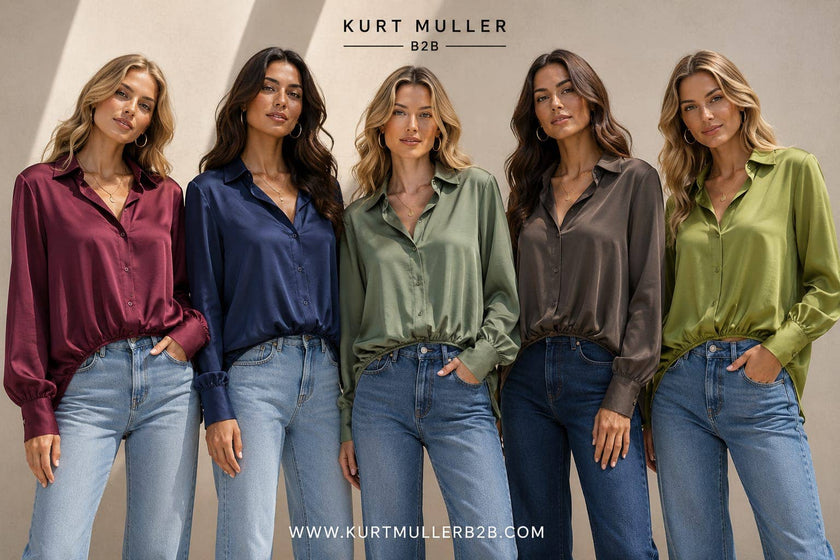 Sateen V Collar High Low Padded Shoulder Blouse: Navy
