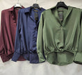 Sateen V Collar High Low Padded Shoulder Blouse: Navy