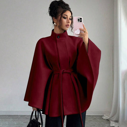 Batwing Cape Jacket with High Neck and Tie-Waist: Burgundy