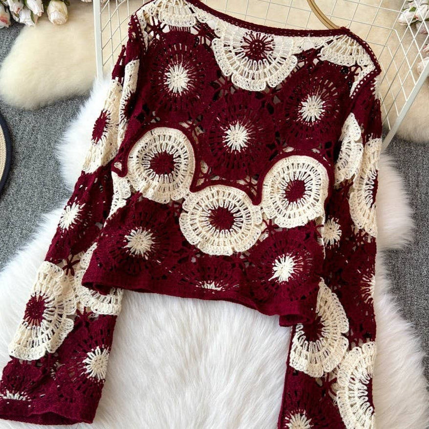 Floral Medallion Crochet Knit Sweater: Burgundy