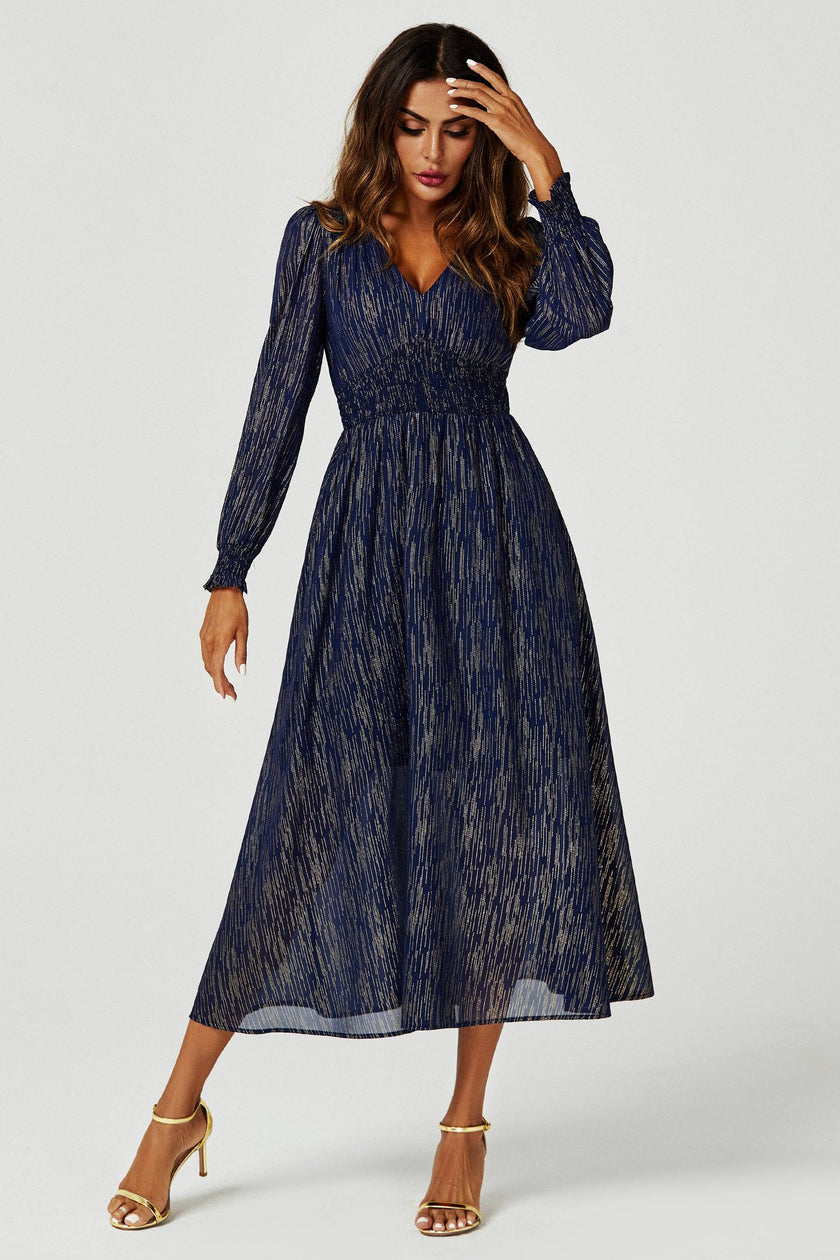 Gold Stripe Foil Long Sleeve Maxi Dress In Navy: Navy / M
