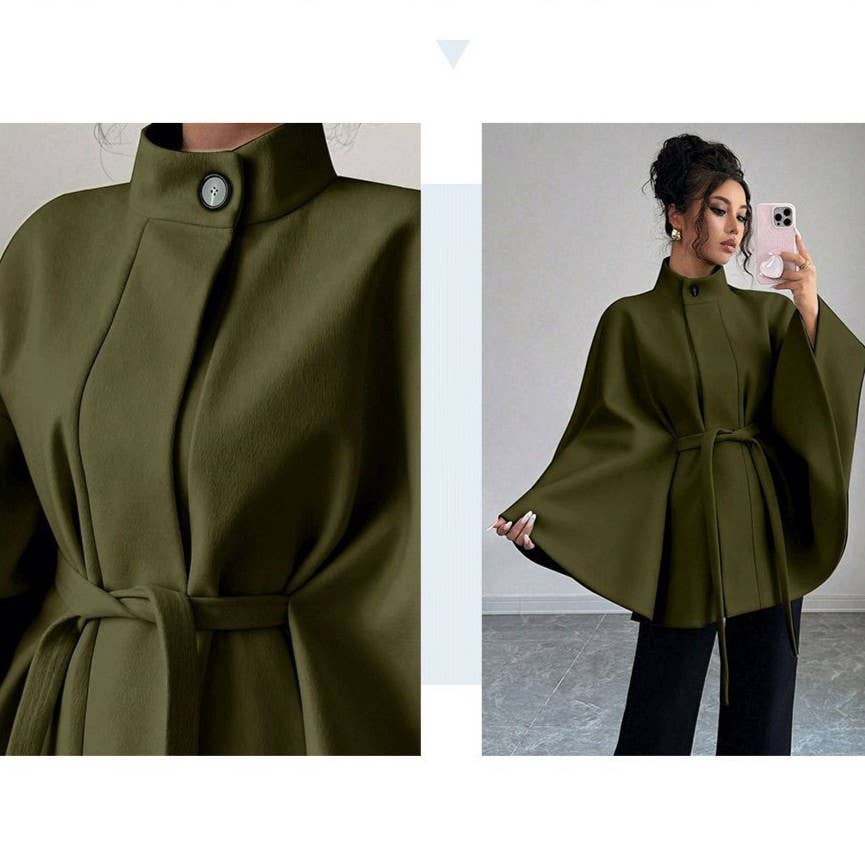 Batwing Cape Jacket with High Neck and Tie-Waist: Burgundy