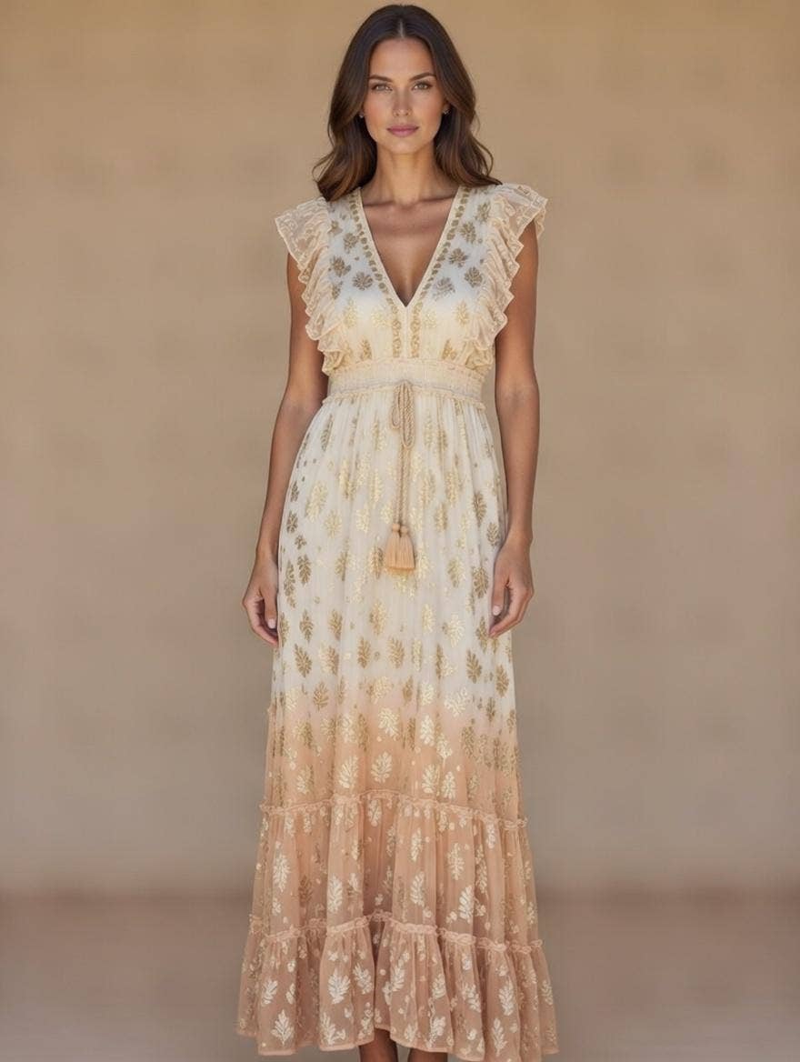 MILANO Dip-dyed/Ombré Ruffle Shoulder Maxi Dress(08): Beige