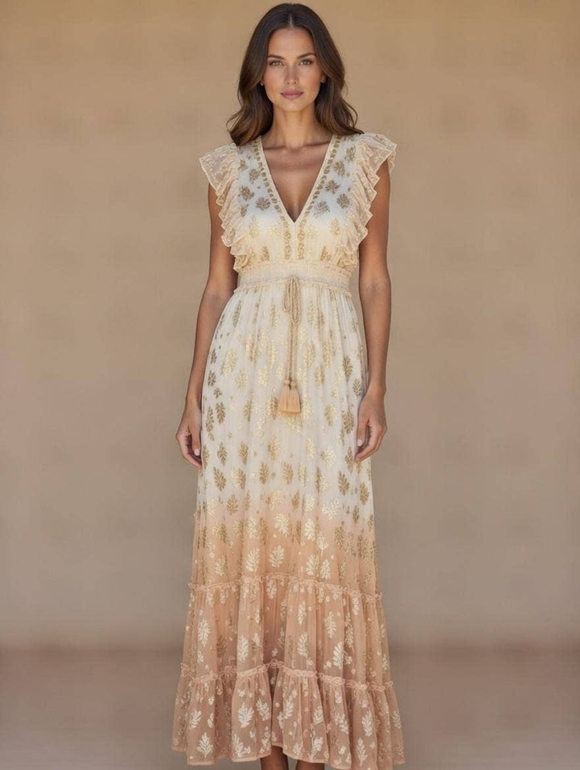 MILANO Dip-dyed/Ombré Ruffle Shoulder Maxi Dress(08): Beige