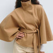 Structured Funnel Neck Belted Cape Jacket: Chocolate