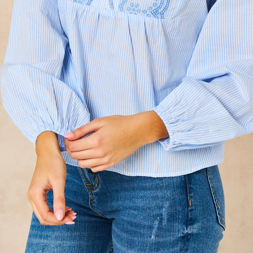 Embroidered Pinstripe Long Sleeve Cotton Shirt in Blue: Large (UK 16-18)