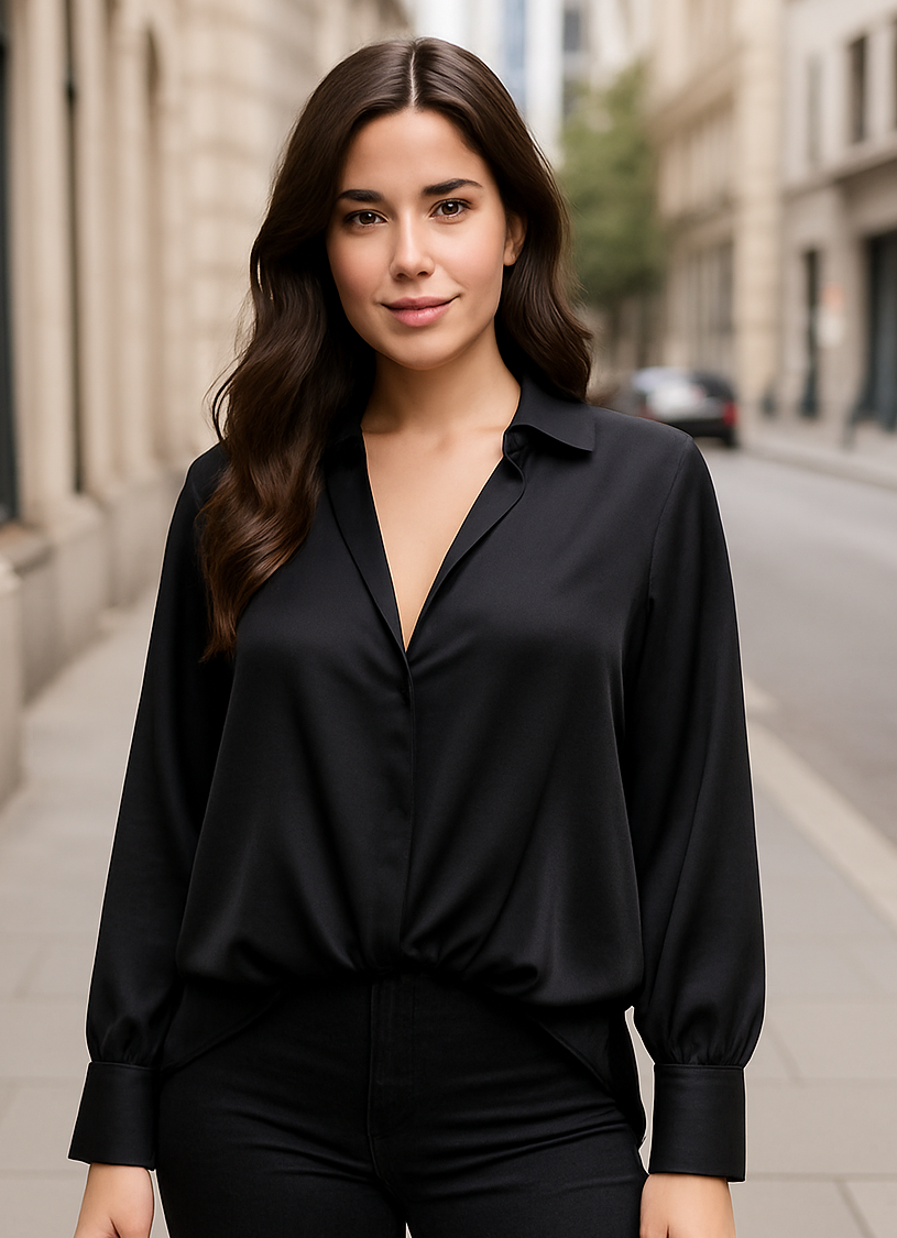 Sateen V Collar High Low Padded Shoulder Blouse: Navy