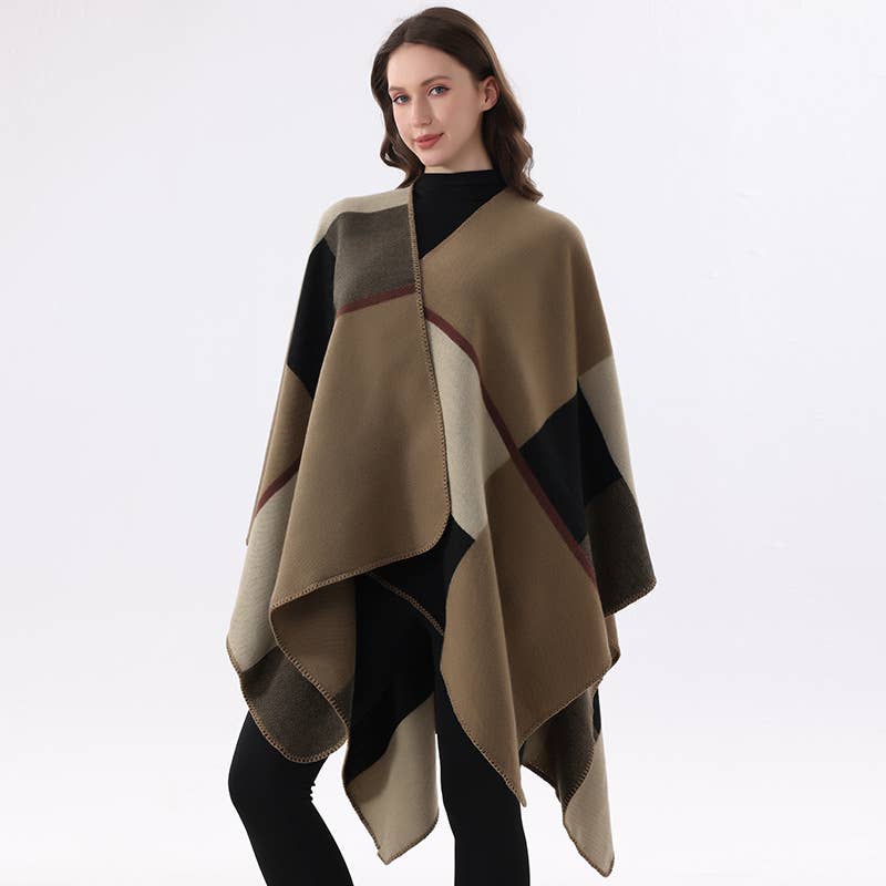 Soft Knit Color-Block Poncho Cape: Tan