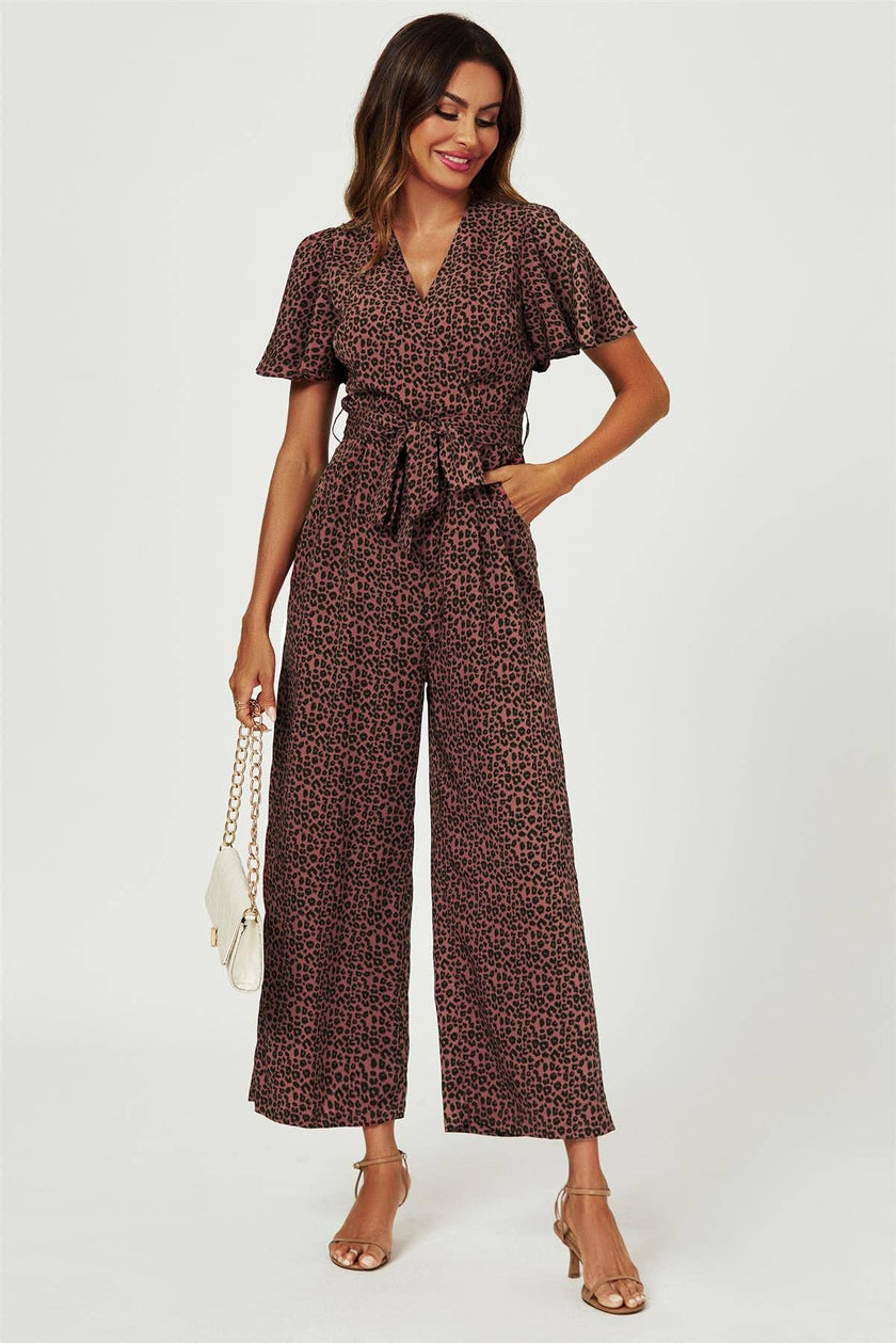 Leopard Print Wrap Top Jumpsuit In Rusty: Rusty / S