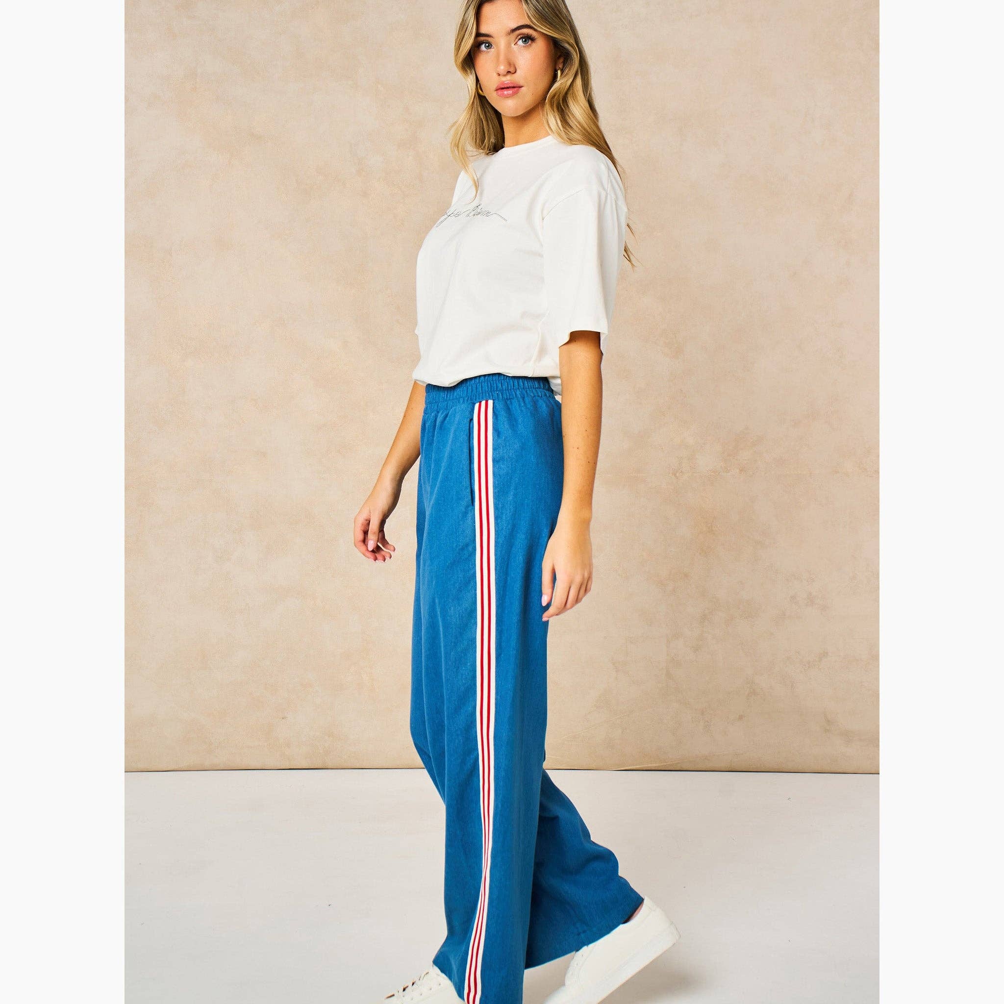Striped Trim Wide Leg Trousers in Denim Blue