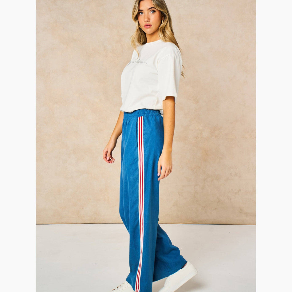 Striped Trim Wide Leg Trousers in Denim Blue