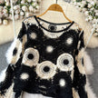Floral Medallion Crochet Knit Sweater: Burgundy