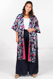 Lined Silky Mid Length Kimono Jacket -Navy Blue, Floral: One-size (UK 8-18)