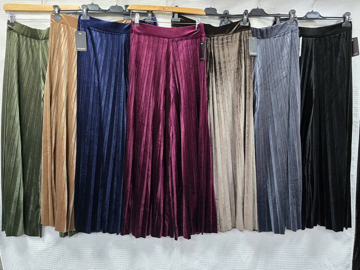 Plain Velvet Velour Wide Leg Plisse Trousers: Camel