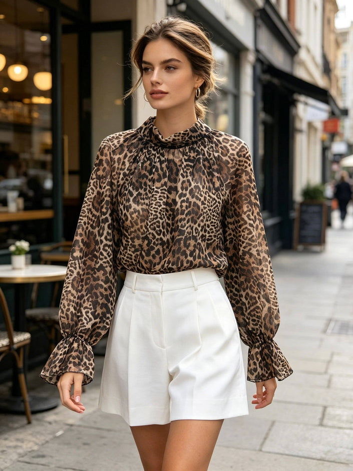 Printed Animal Tie Back Blouses: Brown leopard