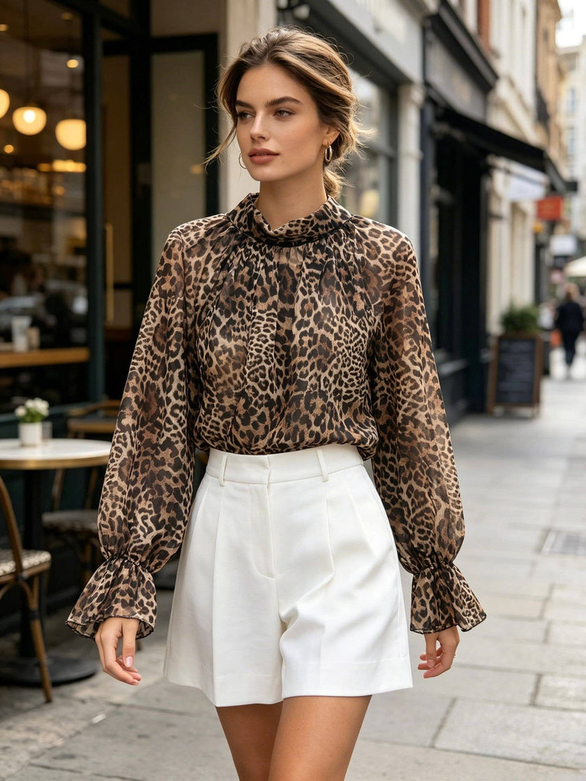 Printed Animal Tie Back Blouses: Brown leopard
